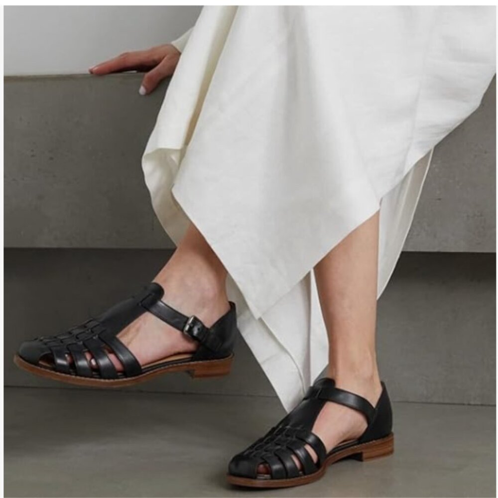 FSJ Black Closed Toe Low Block Heel Woven Roman Ankle Strap Hollow Out Sandals